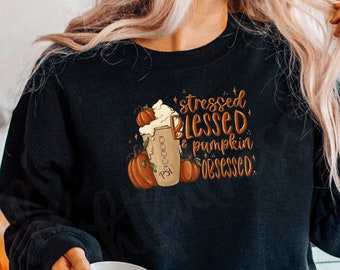 Cute Coffee Shirt - Stressed Blessed and Pumpkin Obsessed - Funny Mom Shirt - Mom Coffee Tee - Coffee Addict Tee - Pumpkin Spice Shirt