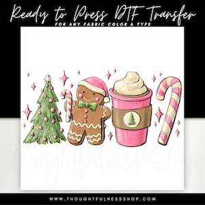 Ready to Press DTF Transfer - Pink Christmas Tree Coffee Tshirt Transfer - Gingerbread Girl Candy Cane Latte - Xmas Mood Heat Press Transfer