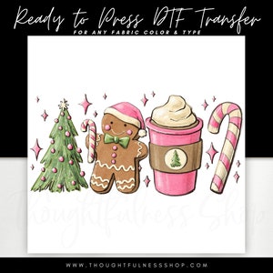 Ready to Press DTF Transfer - Pink Christmas Tree Coffee Tshirt Transfer - Gingerbread Girl Candy Cane Latte - Xmas Mood Heat Press Transfer