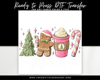 Ready to Press DTF Transfer - Pink Christmas Tree Coffee Tshirt Transfer - Gingerbread Girl Candy Cane Latte - Xmas Mood Heat Press Transfer