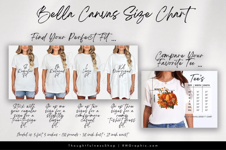 The image is a size chart for a collection of t-shirts, featuring different sizes and styles. The chart provides a visual guide for customers to find their perfect fit, comparing their size to the t-shirt designs.
