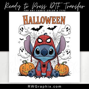 May include: A Halloween-themed DTF transfer featuring Stitch dressed as Spider-Man, surrounded by ghosts, bats, and jack-o'-lanterns. The word "HALLOWEEN" is displayed in orange. The transfer is designed for any fabric color and type.