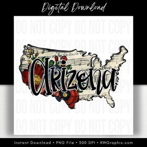 Puede incluir: Un gráfico de descarga digital con el contorno de Arizona lleno de diseños florales y notas musicales. La palabra "Arizona" está escrita en negrita negra. Las palabras "Descarga digital" están en la parte superior.
