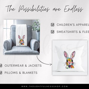 May include: A white throw blanket featuring a colourful bunny illustration. The possibilities are endless for this design, including children's apparel, sweatshirts, fleece, outerwear, jackets, pillows, and blankets. The text "The Possibilities are Endless" is at the top of the image. The text "WWW.THOUGHTFULNESSSHOP.COM" is at the bottom of the image.