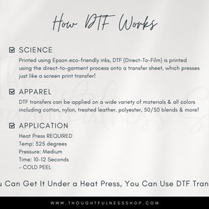 May include: A white background with black text explaining how Direct-to-Film (DTF) printing works. The text explains that DTF printing uses eco-friendly inks and a transfer sheet that is pressed onto the garment, similar to screen printing. The text also lists the types of materials that can be used with DTF printing, including cotton, nylon, treated leather, polyester, and 50/50 blends. The text also includes the heat press settings required for DTF printing, including the temperature, pressure, and time. The text ends with the phrase "If you can get it under a heat press, you can use DTF transfers!" and the website address "www.thoughtfulnesshop.com".