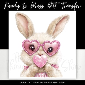 Ready to Press Easter Bunny DTF Transfer – Pink Heart Bubblegum Rabbit Design - Sunglasses Bunny - Spring Shirt Print - DIY Easter Apparel