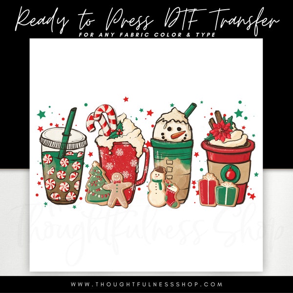 Ready to Press DTF Transfer - Christmas Coffee Tshirt Transfer - Snowman Iced Latte - Peppermint Coffee Heat Press Transfer - DTF Designs