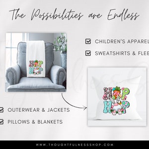 May include: A white throw pillow with a colorful Easter bunny design that says "Hop Hop". The pillow is shown on a gray armchair and a white pillow on a white background. The text "The Possibilities are Endless" is at the top of the image. The text "OUTERWEAR & JACKETS", "PILLOWS & BLANKETS", "CHILDREN'S APPAREL", and "SWEATSHIRTS & FLEECE" are listed below the image.