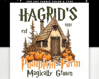 May include: DTF transfer design featuring a cottage with the text "Hagrid's" and "Pumpkin Farm" in orange and green. The design includes pumpkins, trees, and the year "1981". The text "Ready to Press DTF Transfer" is at the top.