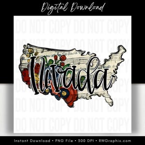 May include: A digital download graphic featuring the outline of Nevada, filled with floral designs and musical notes. The word "Nevada" is written in a bold, black script across the center. The words "Digital Download" are at the top.