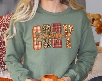 Cozy Season Sweatshirt: Plaid Leopard Faux Embroidery Fall Crewneck, Cozy Autumn Top for Women