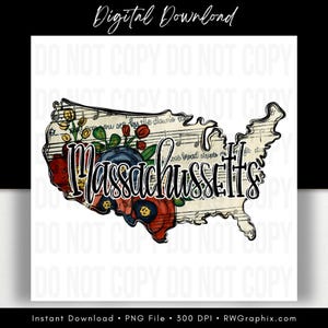 Może przedstawiać: Grafika do pobrania cyfrowego przedstawiająca zarys stanu Massachusetts wypełniony elementami kwiatowymi i nutami. Słowo "Massachusetts" jest wyraźnie widoczne. Obraz zawiera tekst "Digital Download" i "Instant Download • PNG File • 300 DPI • RWGraphix.com".