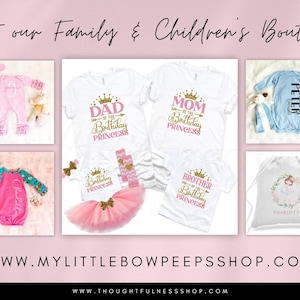 May include: A collection of personalised clothing items for a family, including a pink onesie with the text "Peter", a white t-shirt with the text "Dad of the Birthday Princess", a white t-shirt with the text "Mom of the Birthday Princess", a white t-shirt with the text "Brother of the Birthday Princess", a pink onesie with the text "Charlotte", and a blue onesie with the text "Peter", along with a pink tutu and a white drawstring bag with the text "Charlotte".