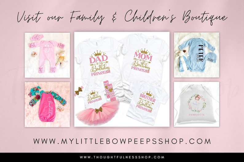 May include: A collection of personalised clothing items for a family, including a pink onesie with the text "Peter", a white t-shirt with the text "Dad of the Birthday Princess", a white t-shirt with the text "Mom of the Birthday Princess", a white t-shirt with the text "Brother of the Birthday Princess", a pink onesie with the text "Charlotte", and a blue onesie with the text "Peter", along with a pink tutu and a white drawstring bag with the text "Charlotte".