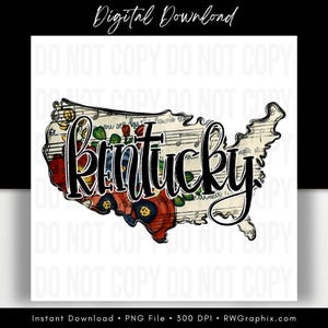 Może przedstawiać: Grafika do pobrania cyfrowego przedstawiająca kontur stanu Kentucky wypełniony wzorami kwiatowymi i nutami. Słowo "Kentucky" jest napisane kursywą na projekcie. U góry widnieją słowa "Digital Download".
