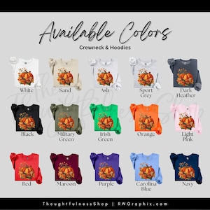 a collection of crew neck and hoodie designs in various colors, including white, black, green, orange, pink, and blue.