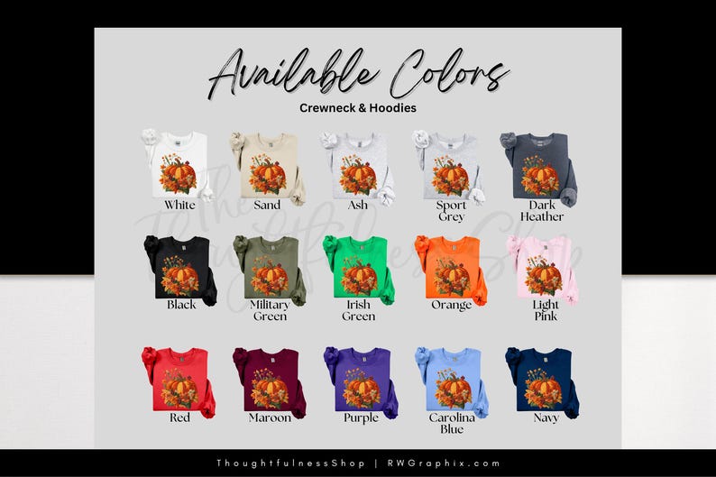 a collection of crew neck and hoodie designs in various colors, including white, black, green, orange, pink, and blue.