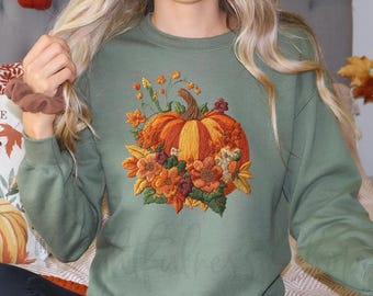 Pumpkin Floral Fall Sweatshirt – Faux Embroidered Thanksgiving Top, Cozy Autumn Hoodie, Harvest Graphic Tee, Women’s Sweater, Fall Gift Idea