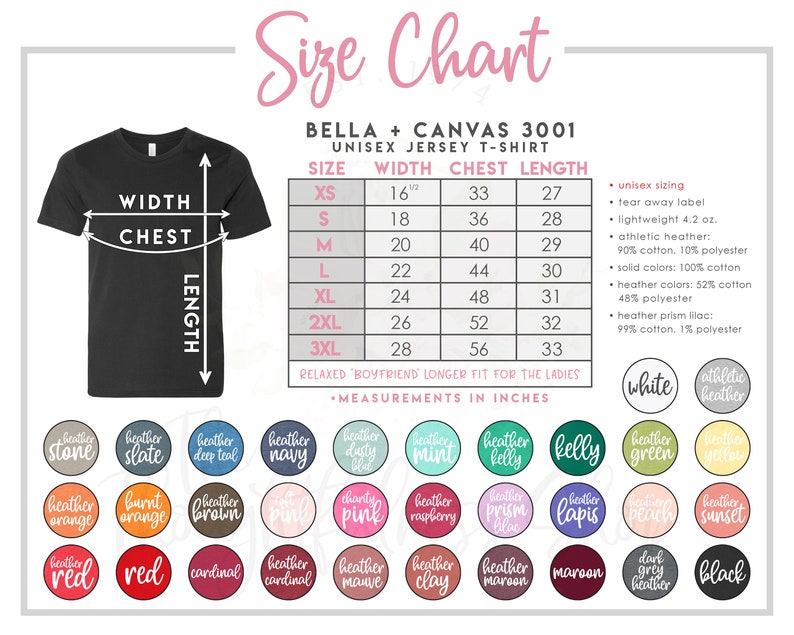 May include: Size chart for Bella + Canvas 3001 unisex jersey t-shirt. The chart shows measurements in inches for width, chest, and length for sizes XS to 3XL. The chart also includes information about the fabric composition and weight.
