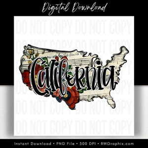 May include: Digital download graphic featuring the outline of California filled with sheet music and floral elements. The word "California" is written in a bold, stylized font. The design includes the text "Digital Download".