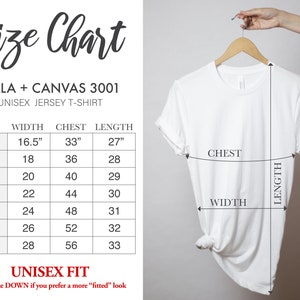 May include: Size chart for Bella + Canvas 3001 unisex jersey t-shirts. The chart shows measurements in inches for width, chest, and length for sizes XS to 3XL.
