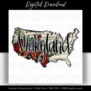 Może przedstawiać: Cyfrowe pobranie przedstawiające zarys stanu Maryland wypełniony elementami kwiatowymi i muzycznymi. Słowo "Maryland" jest napisane pogrubioną, kursywą. Obraz zawiera tekst "Digital Download" i "Instant Download • PNG File • 300 DPI • RWGraphix.com".