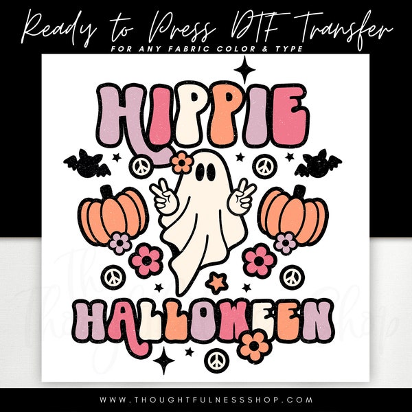 Ready to Press DTF Transfer - Retro Hippie Halloween T-Shirt Transfer - Halloween Ghost Pumpkin Designs - Direct To Film Heat Press Transfer