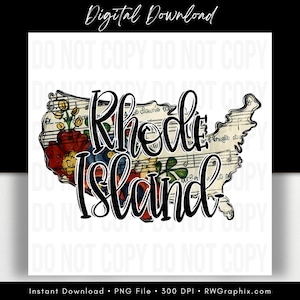Może przedstawiać: Grafika do pobrania cyfrowego przedstawiająca zarys stanu Rhode Island, wypełniony elementami kwiatowymi i nutami muzycznymi. Słowo "Rhode Island" jest napisane pogrubioną, kursywą. Tekst "Digital Download" znajduje się u góry.