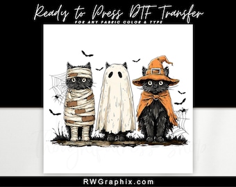 Black Cat Trio – Halloween DTF Transfer with Mummy, Ghost and Pumpkin Witch Cats – Ready to Press for Fall Shirts, Trick or Treat Bags