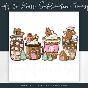 Ready To Press Sublimation Design - Pink Gingerbread Iced Coffee & Hot Chocolate - TShirt Graphic - Christmas Coffee Mug Heat Press Transfer