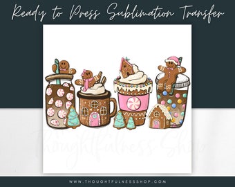 Ready To Press Sublimation Design - Pink Gingerbread Iced Coffee & Hot Chocolate - TShirt Graphic - Christmas Coffee Mug Heat Press Transfer