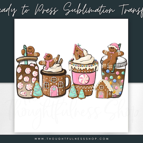 Ready To Press Sublimation Design - Pink Gingerbread Iced Coffee & Hot Chocolate - TShirt Graphic - Christmas Coffee Mug Heat Press Transfer