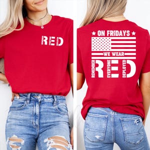 On Fridays We Wear Red Pocket Shirt – Remember Everyone Deployed Back Print Tee, Crewneck, or Hoodie – Patriotic Red Friday Shirt