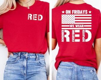On Fridays We Wear Red Pocket Shirt – Remember Everyone Deployed Back Print Tee, Crewneck, or Hoodie – Patriotic Red Friday Shirt