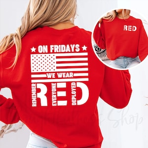 On Fridays We Wear Red Pocket Shirt – Remember Everyone Deployed Back Print Tee, Crewneck, or Hoodie – Patriotic Red Friday Shirt