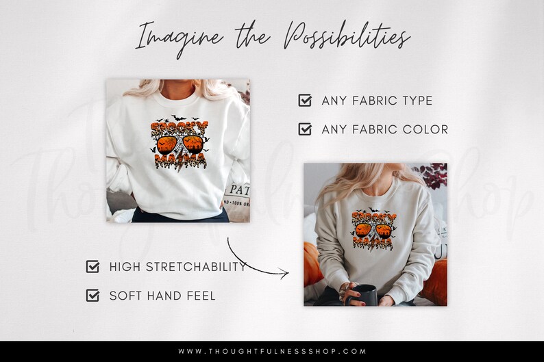 May include: A white sweatshirt with the text "Spooky Mama" in orange and black lettering, featuring a pair of sunglasses with pumpkin eyes and bats flying around. The sweatshirt is shown on a model wearing it and also on a mannequin.