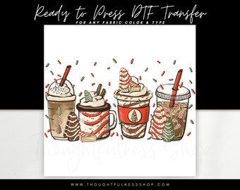 Ready to Press DTF Transfer - Red Christmas Tree Cake Coffee Tshirt Transfer - Holiday Peppermint Latte - Xmas Hot Cocoa Heat Press Designs