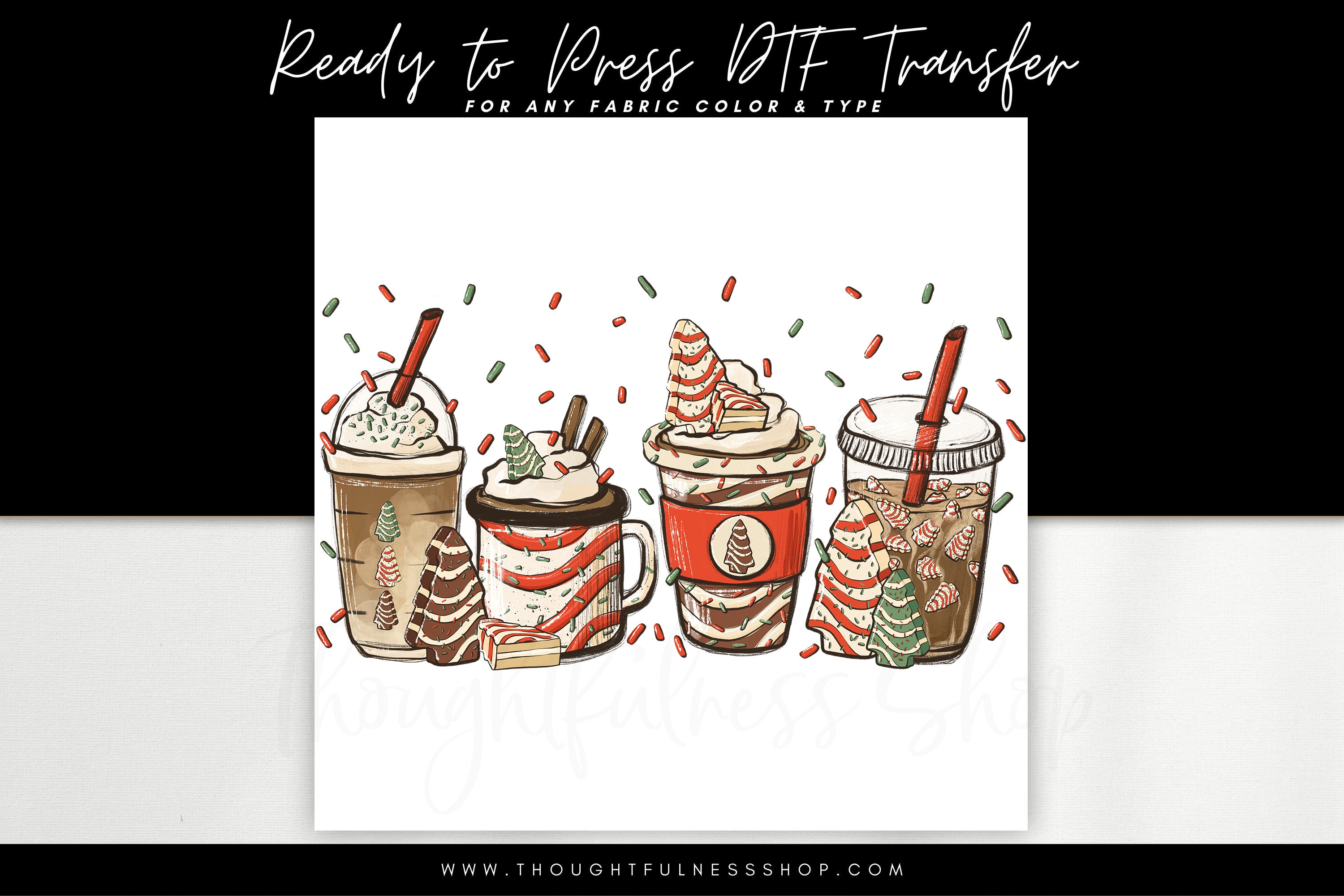 Ready to Press DTF Transfer - Red Christmas Tree Cake Coffee Tshirt Transfer - Holiday Peppermint Latte - Xmas Hot Cocoa Heat Press Designs