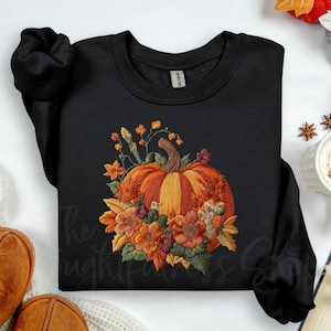 Pumpkin Sweatshirt, Fall Floral Shirt, Thanksgiving Tee, Embroidered Look Harvest Crewneck, Cozy Autumn Pullover, Women’s Seasonal Top