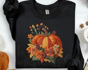 Pumpkin Sweatshirt, Fall Floral Shirt, Thanksgiving Tee, Embroidered Look Harvest Crewneck, Cozy Autumn Pullover, Women’s Seasonal Top