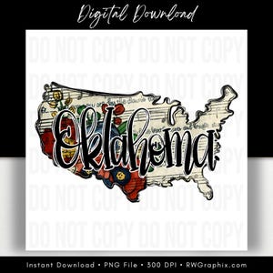 Może przedstawiać: Grafika do pobrania cyfrowego przedstawiająca kontur stanu Oklahoma wypełniony kwiatowymi wzorami i nutami muzycznymi. Słowo "Oklahoma" jest napisane pogrubioną, stylizowaną czcionką. Obraz zawiera tekst "Digital Download" i "Instant Download".