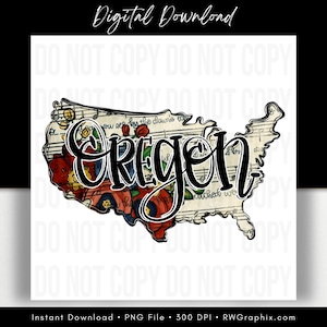 Może przedstawiać: Grafika do pobrania cyfrowego przedstawiająca stan Oregon w konturze mapy. Słowo "Oregon" jest w kursywie, nałożone na kwiatowy i nutowy wzór. Obraz zawiera tekst "Digital Download".