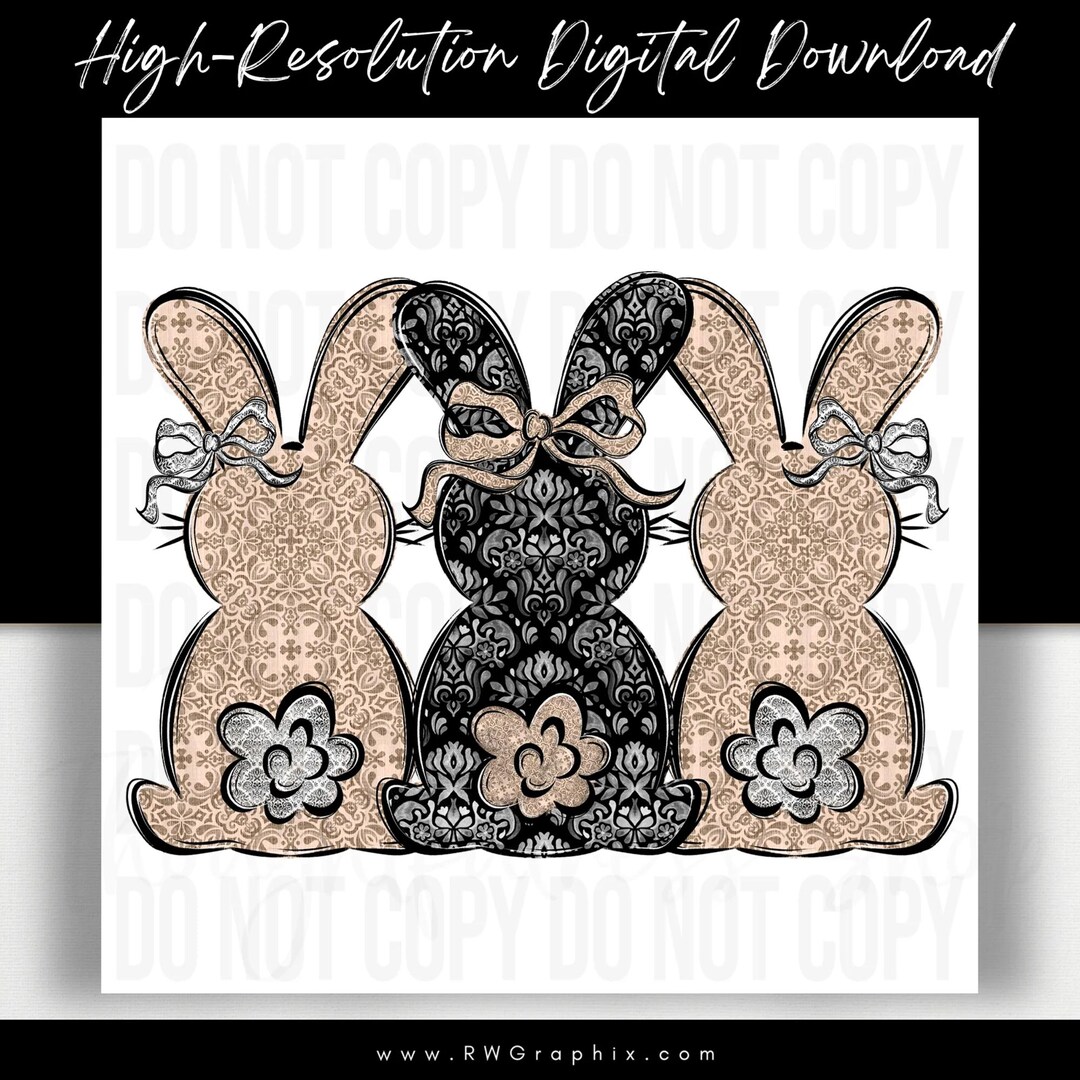 Easter Bunny Trio Clipart: Neutral Damask Design (PNG Digital Download ...