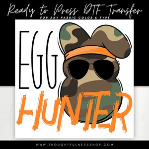 Ready to Press DTF Transfer - Egg Hunter Boys TShirt Transfer - Easter Gifts - Camo Easter Bunny Heat Press Transfer - Children's Designs