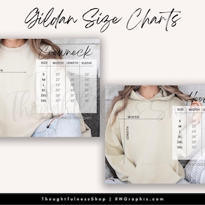 size charts for different types of clothing items, including a GILLETOWN CROWNNEAK SWEATSHIRT and a hoodie. The charts provide measurements for the width, length, sleeve, and waist of the clothing items.