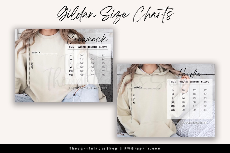 size charts for different types of clothing items, including a GILLETOWN CROWNNEAK SWEATSHIRT and a hoodie. The charts provide measurements for the width, length, sleeve, and waist of the clothing items.
