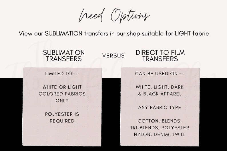 May include: A graphic comparing sublimation transfers to direct to film transfers. Sublimation transfers are limited to white or light coloured fabrics and require polyester. Direct to film transfers can be used on any fabric type, including cotton, blends, tri-blends, polyester, nylon, denim, and twill.