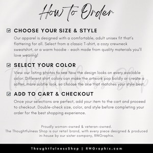 The image is a list of instructions for ordering apparel, including options for size and style, color selection, and adding items to a cart for checkout.