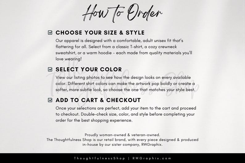 The image is a list of instructions for ordering apparel, including options for size and style, color selection, and adding items to a cart for checkout.