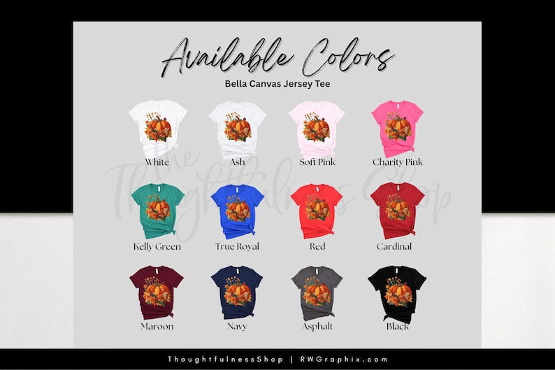 a collection of t-shirt designs in various colors, including white, ash, soft pink, charity pink, green, true royal, red, cardinal, maroon, navy, asphalt, black, and black.